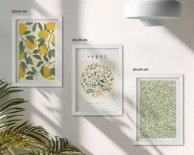 Bilderwand mit Zitronenmotiven sowie Kräutern und Pflanzenblättern