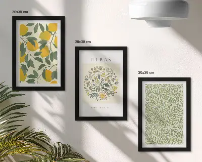 Bilderwand mit Zitronenmotiven sowie Kräutern und Pflanzenblättern