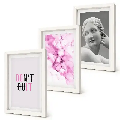 Bilderset mit Rahmen mit abstraktem Aquarell Motiv, inspirierendem Slogan und antiker Skulptur