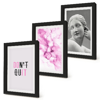 Bilderset mit rahmen Abstraktion in Aquarell, inspirierender Slogan, antike Skulptur