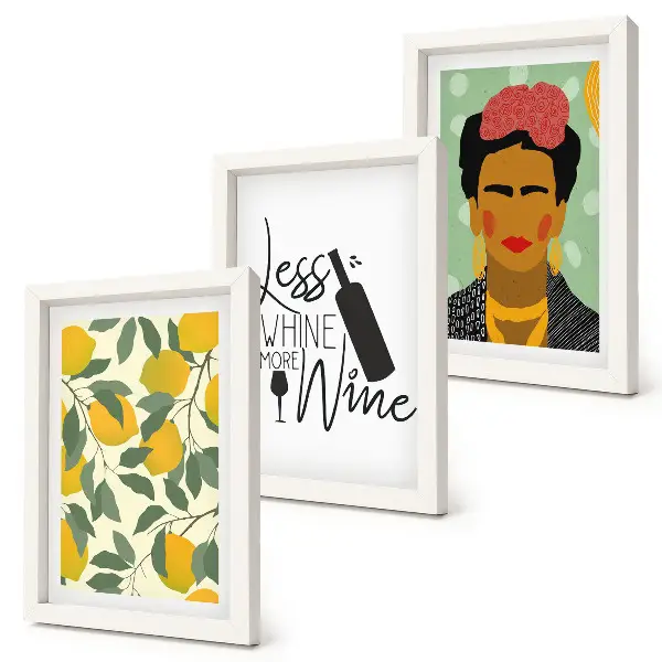 Bilderwand mit Zitronen-Weinflaschenporträt von Frida Kahlo
