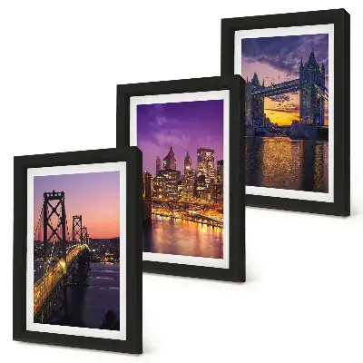 Bilderwand mit Brücken und Stadtansichten im Sonnenuntergang