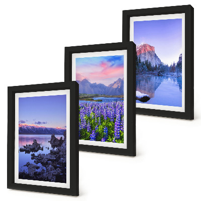 Bilderset mit rahmen Berglandschaften mit Wasser, Himmel und einer Blumenwiese