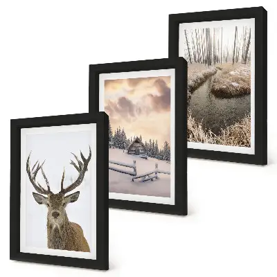 Bilderwand mit Winterlandschaft, Hirschhütte und Bach