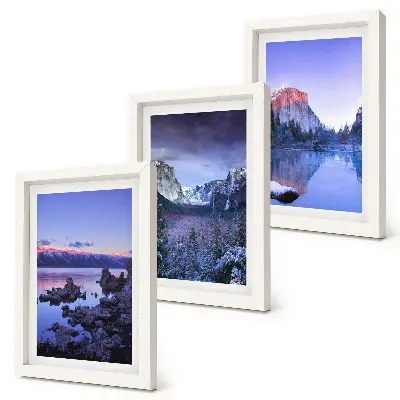 Bilderwand mit Berglandschaften in der Abenddämmerung und Ausblicken aufs Wasser