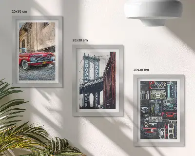 Fotowand mit einem alten Auto auf der Straße nahe der Brooklyn Bridge und Retro-Audiogeräten