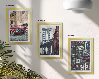 Fotowand mit einem alten Auto auf der Straße nahe der Brooklyn Bridge und Retro-Audiogeräten