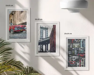 Fotowand mit einem alten Auto auf der Straße nahe der Brooklyn Bridge und Retro-Audiogeräten