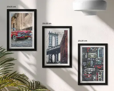 Fotowand mit einem alten Auto auf der Straße nahe der Brooklyn Bridge und Retro-Audiogeräten