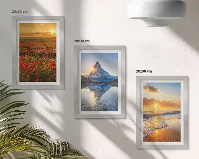 Bilderset Berg- und Küstenlandschaften mit Sonnenuntergängen mit Rahmen