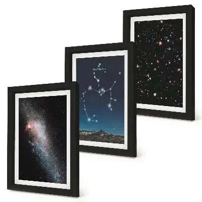 Bilderset mit Rahmen mit Motiven von Galaxien, Sternbildern und dem Tierkreiszeichen Schütze