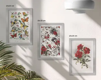 Fotowand mit Schmetterlingen, Blumen und roten Rosen im klassischen Stil