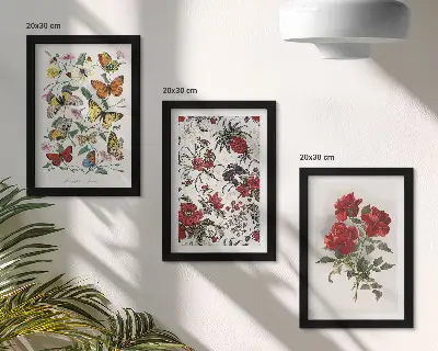 Fotowand mit Schmetterlingen, Blumen und roten Rosen im klassischen Stil
