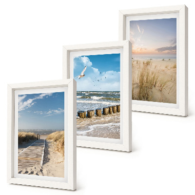 Bilderwand Strand mit Sand, Wellen, Himmel und Vögeln im Flug