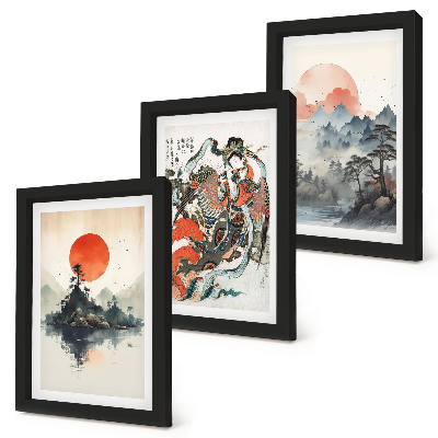 Bilderset mit rahmen Asiatische Landschaftsgemälde und Porträts im Japandi-Stil