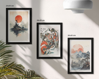 Bilderset mit rahmen Asiatische Landschaftsgemälde und Porträts im Japandi-Stil