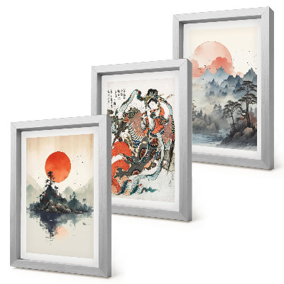 Bilderset mit rahmen Asiatische Landschaftsgemälde und Porträts im Japandi-Stil
