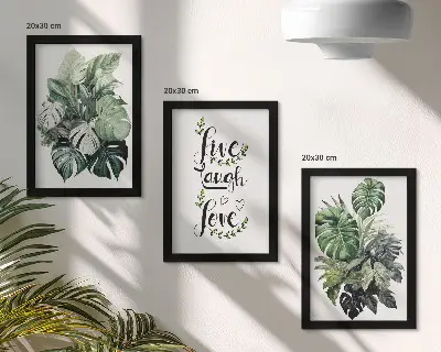 Blattpflanzen Bilderset mit Rahmen mit den Worten Leben, Lachen, Liebe