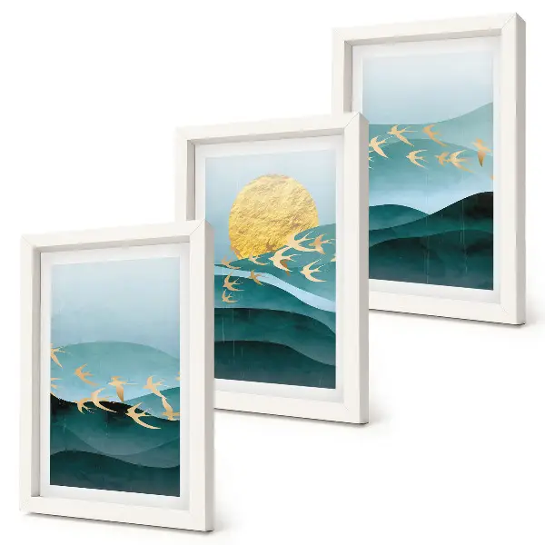 Bilderwand mit abstrakten Landschaften aus Sonnenwellen und fliegenden Vögeln