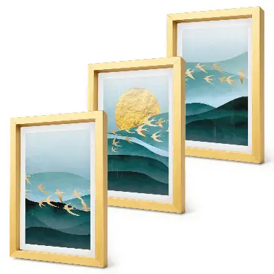 Bilderwand mit abstrakten Landschaften aus Sonnenwellen und fliegenden Vögeln