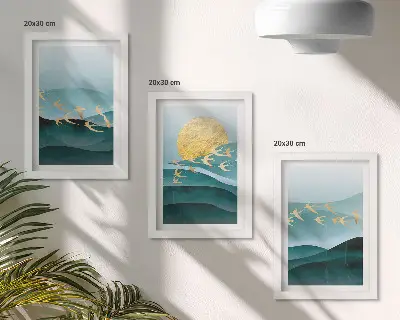 Bilderwand mit abstrakten Landschaften aus Sonnenwellen und fliegenden Vögeln