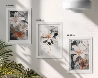 Fotowand mit Blumenmotiven auf Marmorgrund in Weiß und Schwarz