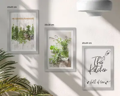 Küchenbild mit der Aufschrift „Getrocknete Kräuter“ als gerahmtes Bilderset
