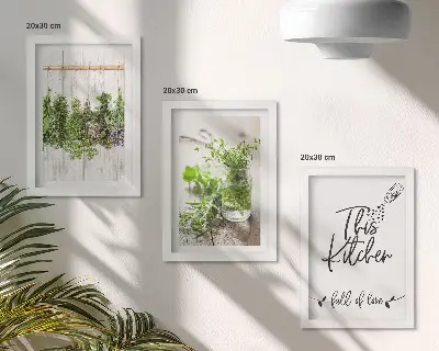 Küchenbild mit der Aufschrift „Getrocknete Kräuter“ als gerahmtes Bilderset