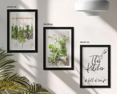 Küchenbild mit der Aufschrift „Getrocknete Kräuter“ als gerahmtes Bilderset