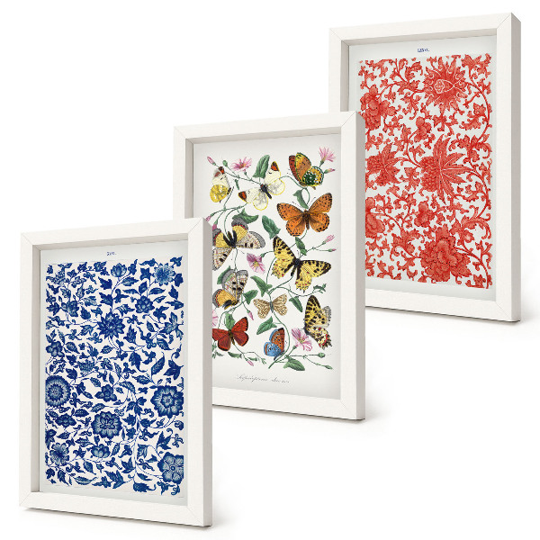 Bilderwand Vintage-Poster mit Blumen, Schmetterlingen und Ornamenten