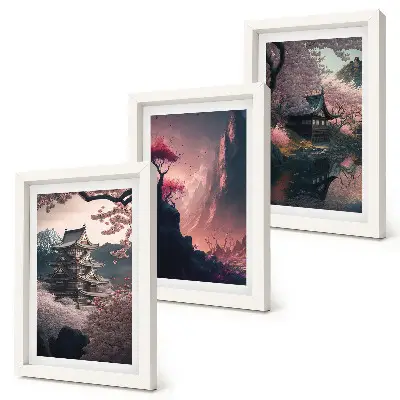Bilderwand mit Fantasielandschaften und Bergmotiven aus Japan