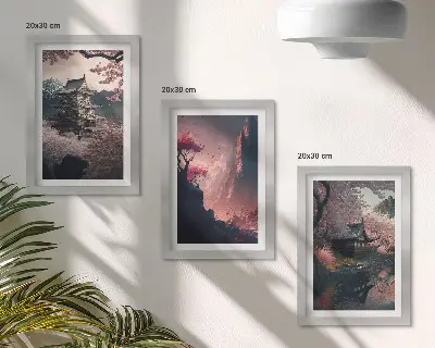 Bilderwand mit Fantasielandschaften und Bergmotiven aus Japan