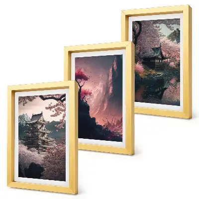 Bilderwand mit Fantasielandschaften und Bergmotiven aus Japan