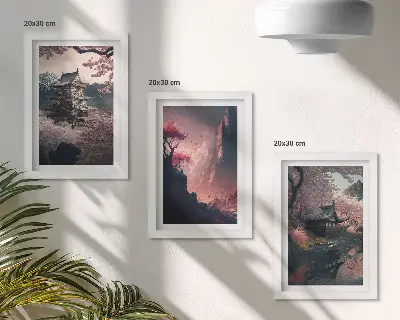 Bilderwand mit Fantasielandschaften und Bergmotiven aus Japan