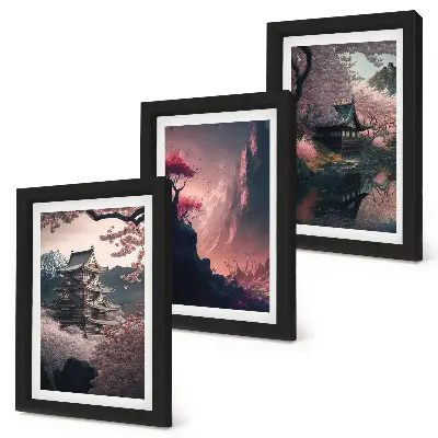 Bilderwand mit Fantasielandschaften und Bergmotiven aus Japan