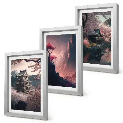 Bilderwand mit Fantasielandschaften und Bergmotiven aus Japan