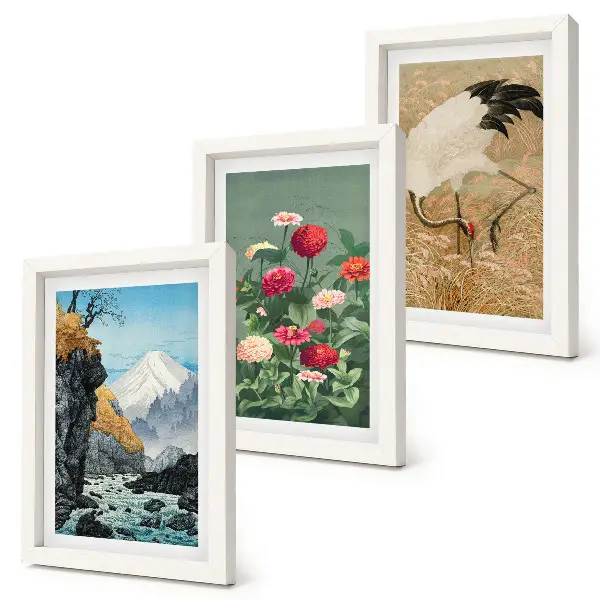 Fotowand mit Bergen in der Landschaft, Fluss, Blumen und Kranichen im Gras