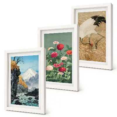 Fotowand mit Bergen in der Landschaft, Fluss, Blumen und Kranichen im Gras