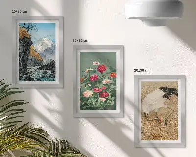 Fotowand mit Bergen in der Landschaft, Fluss, Blumen und Kranichen im Gras