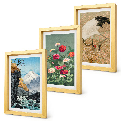 Fotowand Berge in der Landschaft, Fluss, Blumen und Kraniche im Gras