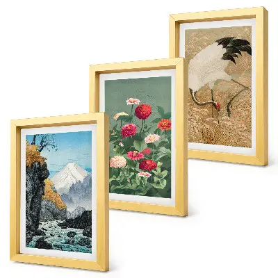 Fotowand mit Bergen in der Landschaft, Fluss, Blumen und Kranichen im Gras