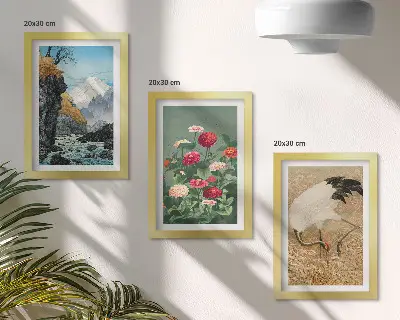 Fotowand mit Bergen in der Landschaft, Fluss, Blumen und Kranichen im Gras