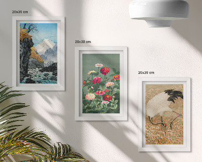 Fotowand Berge in der Landschaft, Fluss, Blumen und Kraniche im Gras