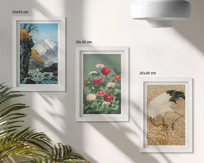 Fotowand mit Bergen in der Landschaft, Fluss, Blumen und Kranichen im Gras