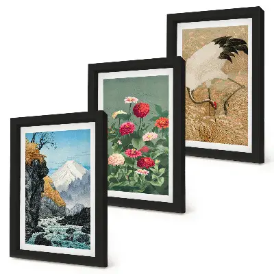 Fotowand mit Bergen in der Landschaft, Fluss, Blumen und Kranichen im Gras