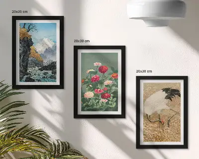 Fotowand mit Bergen in der Landschaft, Fluss, Blumen und Kranichen im Gras