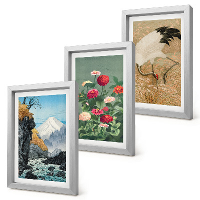 Fotowand Berge in der Landschaft, Fluss, Blumen und Kraniche im Gras