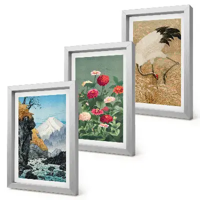 Fotowand mit Bergen in der Landschaft, Fluss, Blumen und Kranichen im Gras