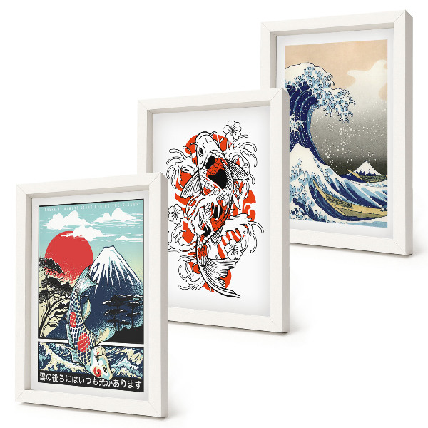 Bilderset mit rahmen Illustrationen von Fischbergen und der Großen Welle vor Kanagawa, japanischer Stil