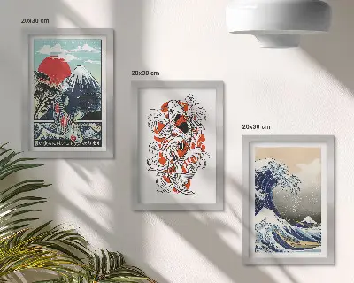 Bilderset mit Rahmen Illustrationen von Fischbergen und der Großen Welle vor Kanagawa im japanischen Stil